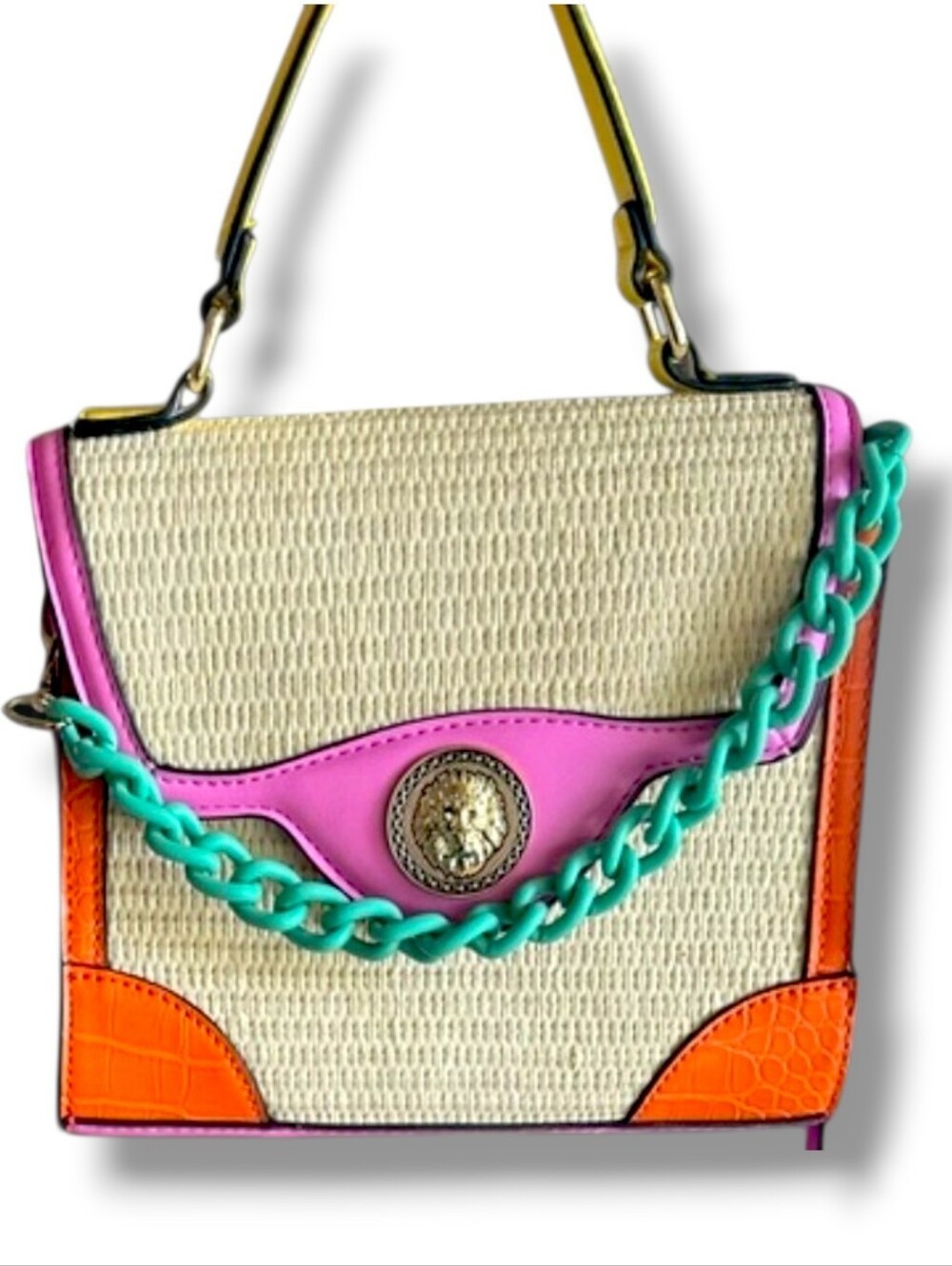 ALDO Minibaro Straw Colorblock Satchel Lion Medallion Top Handle Bag Pink Orange